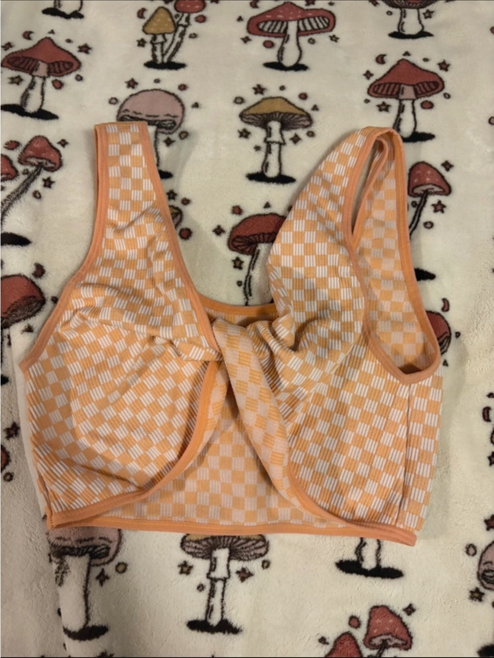 Women's Orange and White Checkered Twist Front Crop Top Size Large